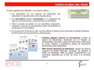 VISIÓN GLOBAL DEL MOAD

Visión global del MOAD: Los back-office
                                                                                      Back-Office
    Los back-offices son los sistemas de información           que
    automatizan la operativa diaria de los Ayuntamientos.
    Los back-offices estarán centralizados en la Diputación de
    Jaén, en una primera fase y, posteriormente, en el CESEAL.
    Todo el proceso de gestión de los back-offices (adquisición,
    instalación, operación y mantenimiento) estará externalizado en
    la Diputación o en el CESEAL.
    En el caso de la Provincia de Jaén, los back-offices se basan en las soluciones de eSIJAD (Sistemas
    de Información para Ayuntamientos y Diputaciones).

                                           PistaReg (Registro General de Documentos): módulo de
                                           registro de documentos, compuesto por un Registro de
                                           Entrada/Salida, Consultas / Gestión de Documentos, Generación
                                           de Libros, Listados y Estadísticas, Enlace de Documentos
                                           generados en otros subsistemas.
                                           PMH (Padrón Municipal de Habitantes): módulo del Sistema
                                           Integrado de Gestión Municipal, encargado de gestionar el
                                           Padrón de Habitantes. PMH se adapta completamente a los
                                           estándares requeridos por el INE, así como a la normativa
                                           vigente.



                                                10
 