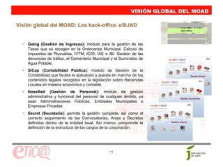 VISIÓN GLOBAL DEL MOAD

Visión global del MOAD: Los back-office. eSIJAD
                                                                            Back-Office




    GeIng (Gestión de Ingresos): módulo para la gestión de las
    Tasas que se recogen en la Ordenanza Municipal. Calculo de
    impuestos de Plusvalías, IVTM, ICIO, IAE e IBI. Gestión de las
    denuncias de tráfico, el Cementerio Municipal y el Suministro de
    Agua Potable.
    SiCap (Contabilidad Pública): módulo de Gestión de la
    Contabilidad que facilita la aplicación y puesta en marcha de los
    contenidos legales recogidos en la legislación sobre Haciendas
    Locales en materia económica y contable.
    NossRed (Gestión de Personal): módulo de gestión
    administrativa y funcional del personal de cualquier ámbito, ya
    sean Administraciones Públicas, Entidades Municipales o
    Empresas Privadas.
    Secret (Secretaría): permite la gestión completa, así como el
    correcto seguimiento de las Convocatorias, Actas y Decretos
    definidos dentro de la entidad local. Así mismo, comprende la
    definición de la estructura de los cargos de la corporación.




                                                  11
 