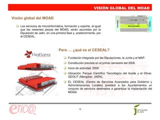 VISIÓN GLOBAL DEL MOAD

Visión global del MOAD




                                                                               Formación




                                                                                                              Soporte
    Los servicios de microinformática, formación y soporte, al igual                       Microinformática

    que las restantes piezas del MOAD, serán asumidas por la
    Diputación de Jaén, en una primera fase y, posteriormente, por
    el CESEAL.



                                  Pero … ¿qué es el CESEAL?

                                         Fundación integrada por las Diputaciones, la Junta y el MAP.
                                         Constitución prevista en el primer semestre del 2008.
                                         Inicio de actividad: 2009.
                                         Ubicación: Parque Científico Tecnológico del Aceite y el Olivar,
                                         GEOLIT (Mengíbar, JAÉN).
                                         EL CESEAL (Centro de Servicios Avanzados para Gobierno y
                                         Administraciones Locales) prestará a los Ayuntamientos un
                                         conjunto de servicios destinados a garantizar la implantación del
                                         MOAD.




                                                  15
 