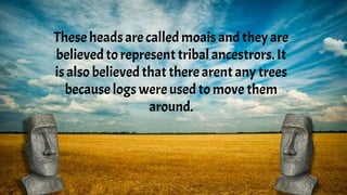 These headsare called moais and they are
believedto representtribal ancestrors.It
is also believedthat therearent any trees
because logs wereusedto move them
around.
 