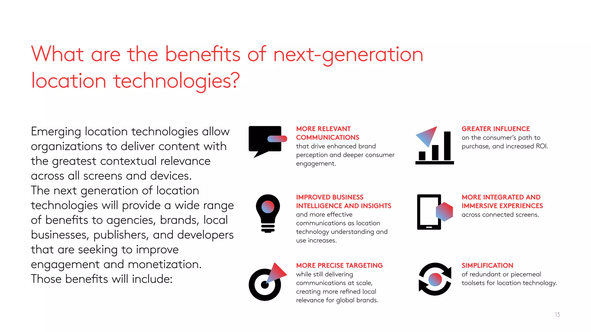 MORE RELEVANT
COMMUNICATIONS
that drive enhanced brand
perception and deeper consumer
engagement.
IMPROVED BUSINESS
INTELLIGENCE AND INSIGHTS
and more effective
communications as location
technology understanding and
use increases.
GREATER INFLUENCE
on the consumer’s path to
purchase, and increased ROI.
MORE PRECISE TARGETING
while still delivering
communications at scale,
creating more refined local
relevance for global brands.
MORE INTEGRATED AND
IMMERSIVE EXPERIENCES
across connected screens.
SIMPLIFICATION
of redundant or piecemeal
toolsets for location technology.
Emerging location technologies allow
organizations to deliver content with
the greatest contextual relevance
across all screens and devices.
The next generation of location
technologies will provide a wide range
of benefits to agencies, brands, local
businesses, publishers, and developers
that are seeking to improve
engagement and monetization.
Those benefits will include:
13
What are the benefits of next-generation
location technologies?
 