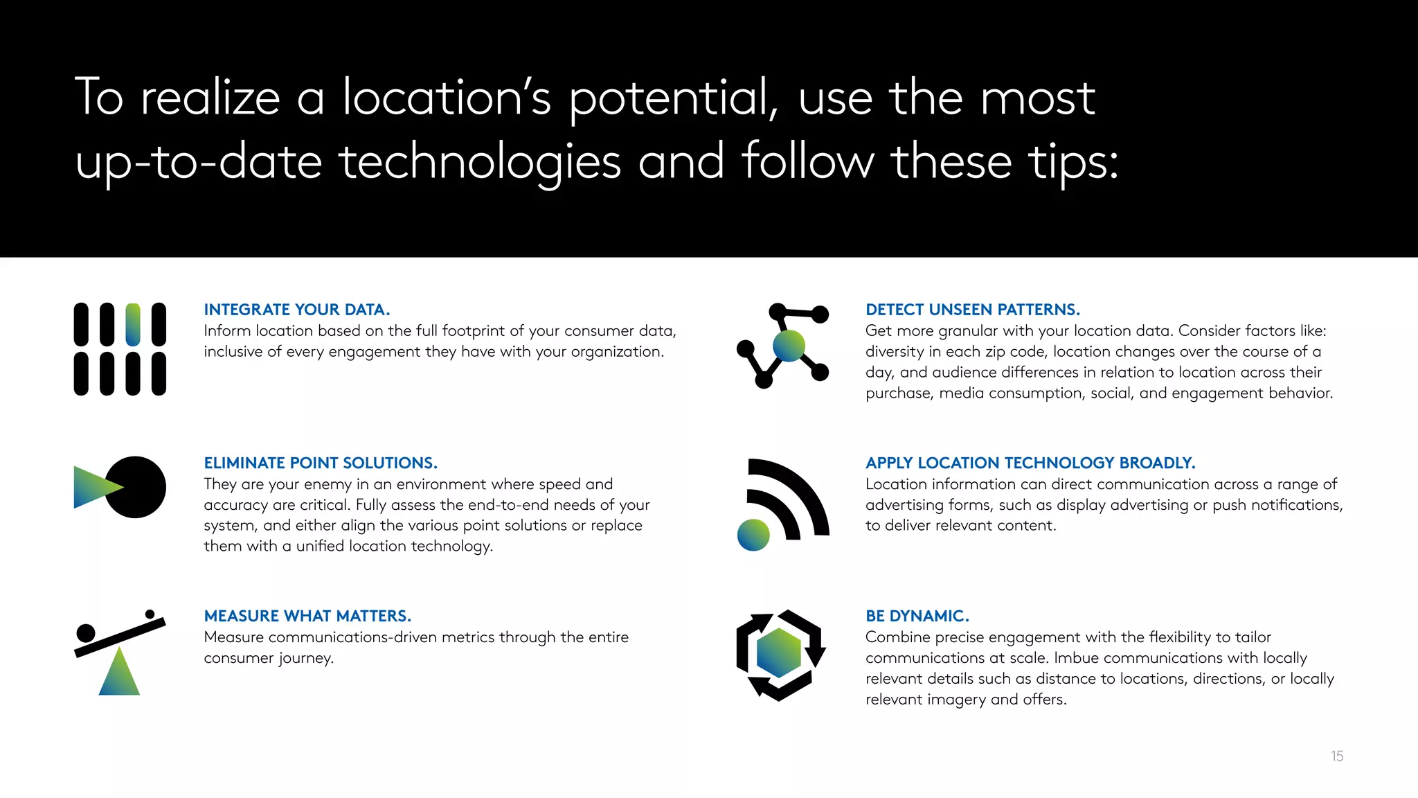 ELIMINATE POINT SOLUTIONS.
They are your enemy in an environment where speed and
accuracy are critical. Fully assess the end-to-end needs of your
system, and either align the various point solutions or replace
them with a unified location technology.
15
MEASURE WHAT MATTERS.
Measure communications-driven metrics through the entire
consumer journey.
APPLY LOCATION TECHNOLOGY BROADLY.
Location information can direct communication across a range of
advertising forms, such as display advertising or push notifications,
to deliver relevant content.
BE DYNAMIC.
Combine precise engagement with the flexibility to tailor
communications at scale. Imbue communications with locally
relevant details such as distance to locations, directions, or locally
relevant imagery and offers.
DETECT UNSEEN PATTERNS.
Get more granular with your location data. Consider factors like:
diversity in each zip code, location changes over the course of a
day, and audience differences in relation to location across their
purchase, media consumption, social, and engagement behavior.
INTEGRATE YOUR DATA.
Inform location based on the full footprint of your consumer data,
inclusive of every engagement they have with your organization.
To realize a location’s potential, use the most
up-to-date technologies and follow these tips:
 