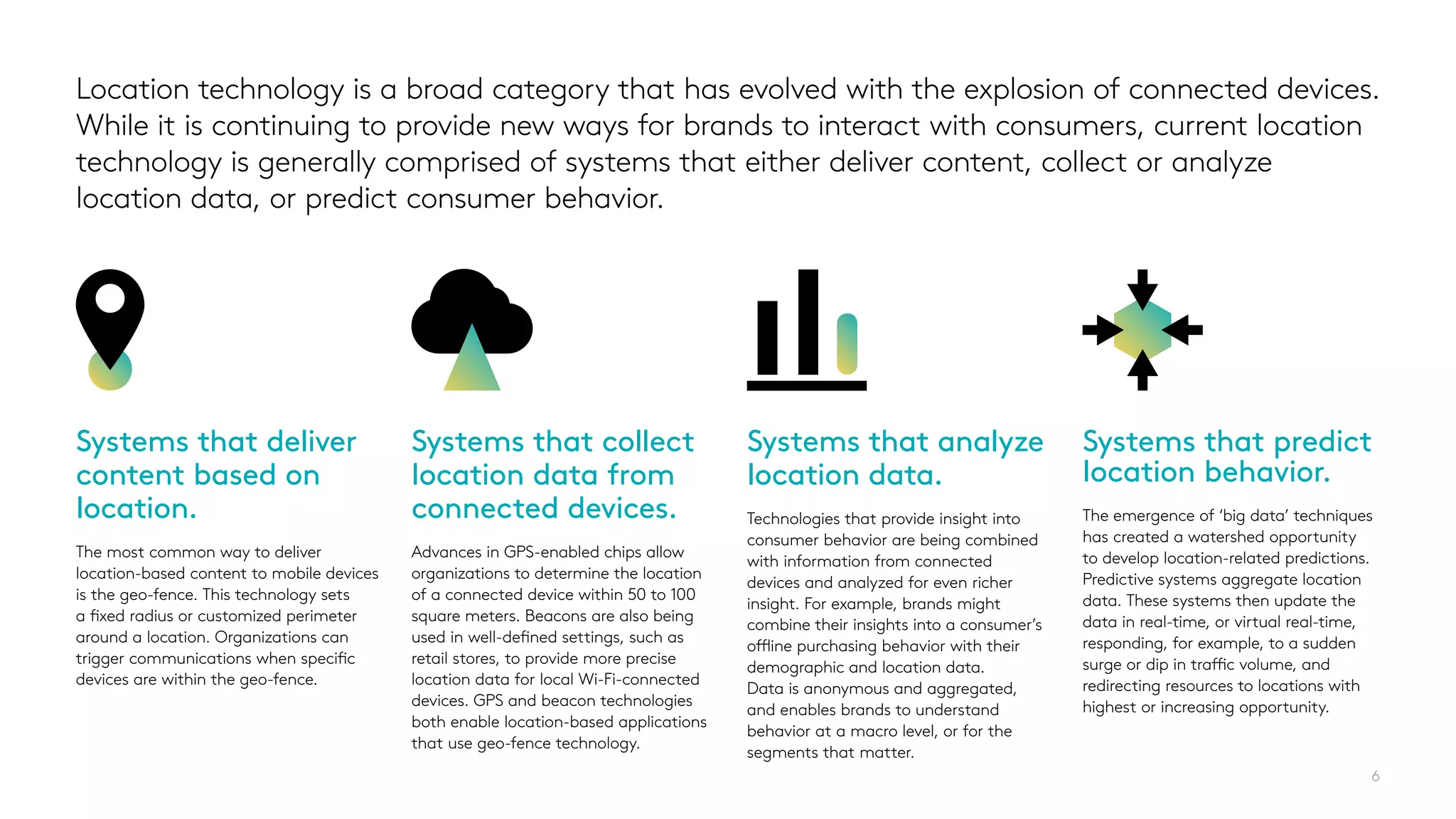 Location technology is a broad category that has evolved with the explosion of connected devices.
While it is continuing to provide new ways for brands to interact with consumers, current location
technology is generally comprised of systems that either deliver content, collect or analyze
location data, or predict consumer behavior.
Systems that deliver
content based on
location.
The most common way to deliver
location-based content to mobile devices
is the geo-fence. This technology sets
a fixed radius or customized perimeter
around a location. Organizations can
trigger communications when specific
devices are within the geo-fence.
Systems that collect
location data from
connected devices.
Advances in GPS-enabled chips allow
organizations to determine the location
of a connected device within 50 to 100
square meters. Beacons are also being
used in well-defined settings, such as
retail stores, to provide more precise
location data for local Wi-Fi-connected
devices. GPS and beacon technologies
both enable location-based applications
that use geo-fence technology.
Systems that analyze
location data.
Technologies that provide insight into
consumer behavior are being combined
with information from connected
devices and analyzed for even richer
insight. For example, brands might
combine their insights into a consumer’s
offline purchasing behavior with their
demographic and location data.
Data is anonymous and aggregated,
and enables brands to understand
behavior at a macro level, or for the
segments that matter.
Systems that predict
location behavior.
The emergence of ‘big data’ techniques
has created a watershed opportunity
to develop location-related predictions.
Predictive systems aggregate location
data. These systems then update the
data in real-time, or virtual real-time,
responding, for example, to a sudden
surge or dip in traffic volume, and
redirecting resources to locations with
highest or increasing opportunity.
6
 
