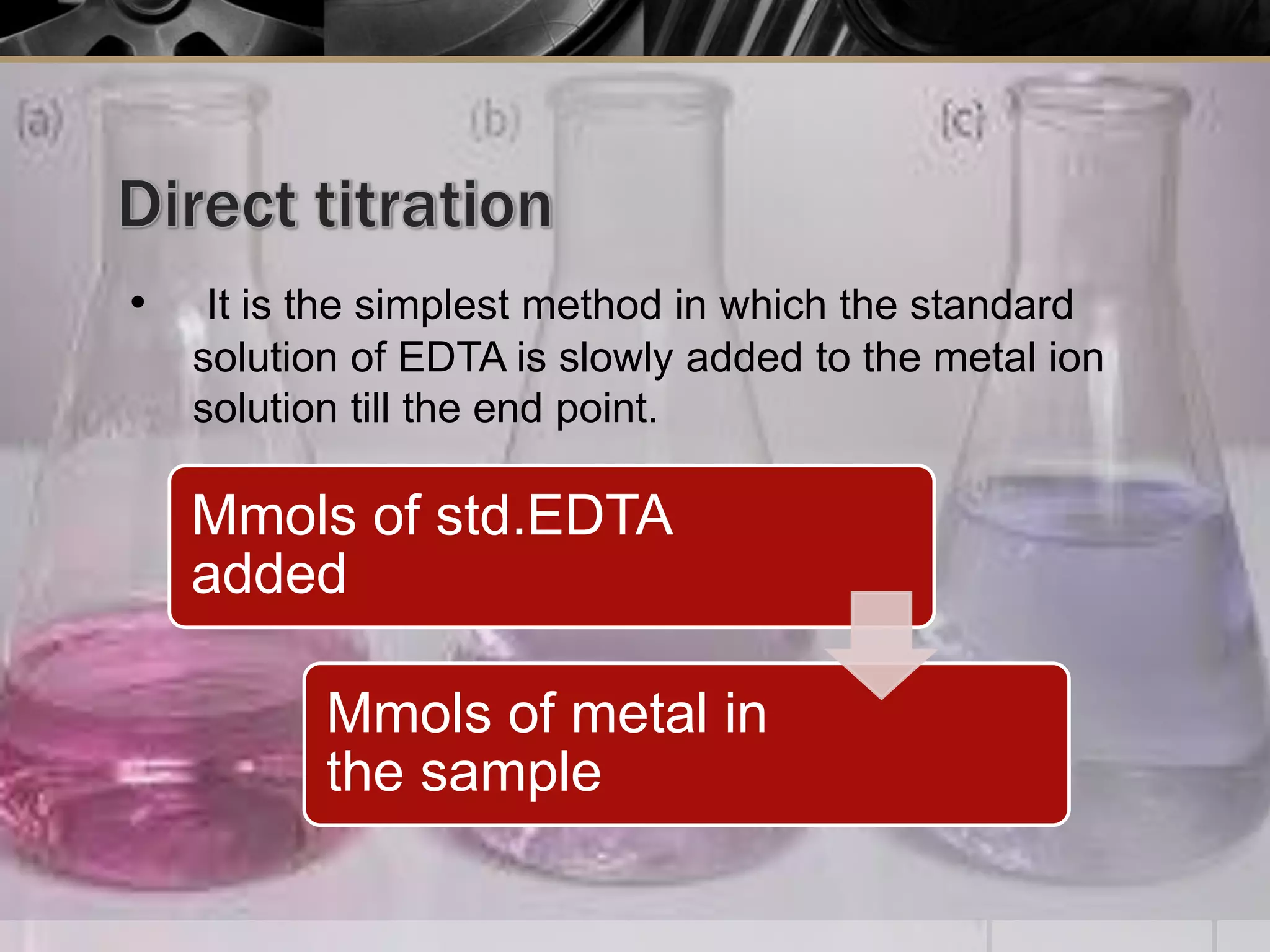 • It is the simplest method in which the standard
solution of EDTA is slowly added to the metal ion
solution till the end point.
Mmols of std.EDTA
added
Mmols of metal in
the sample
 