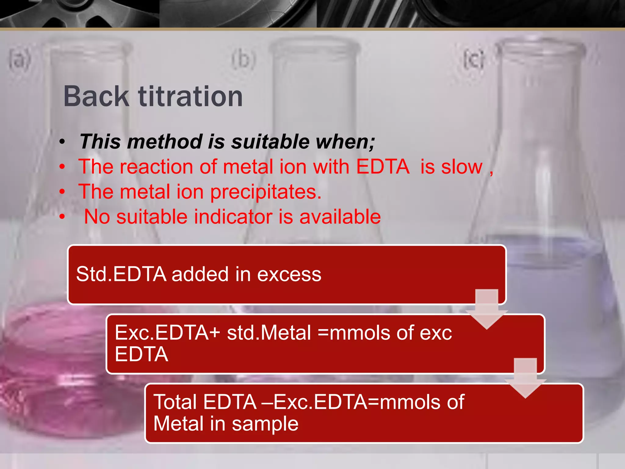 Back titration
• This method is suitable when;
• The reaction of metal ion with EDTA is slow ,
• The metal ion precipitates.
• No suitable indicator is available
Std.EDTA added in excess
Exc.EDTA+ std.Metal =mmols of exc
EDTA
Total EDTA –Exc.EDTA=mmols of
Metal in sample
 