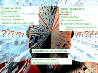 13
13
Cognitive skills                                            Social values and
development                                                 lifestyles
•Visual-spatial skills                                      •Media competition
•Non verbal intelligence                                    •Effects of video-games
•Collecting evidence in other areas                         •Socialisation in the third space:
                                                                 •Growing importance of informal
                                                                 learning




                                 Educational achievement


                                •Unexpected new evidence
                                •The threshold phenomenon

                                                                            13
 