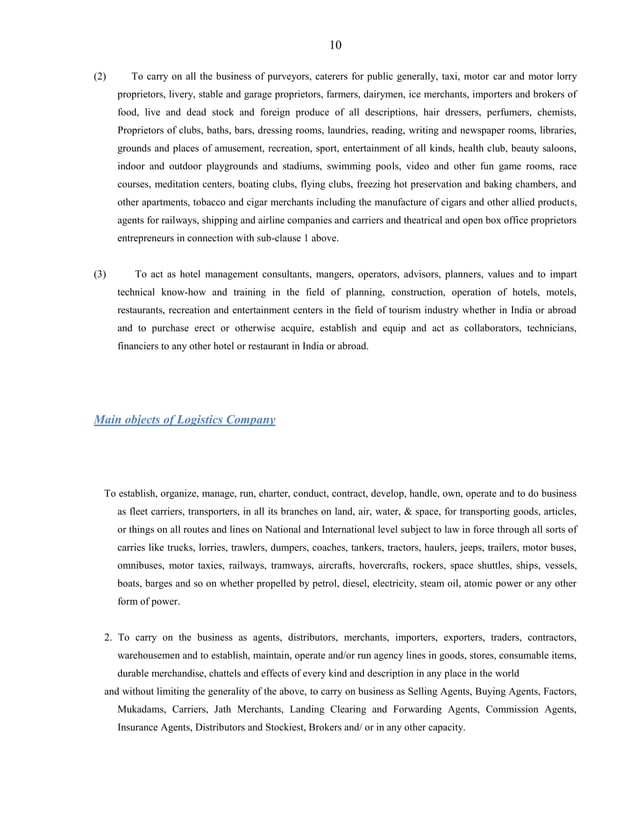 Format Of Main Object Clause of Various Types of Companies as Per