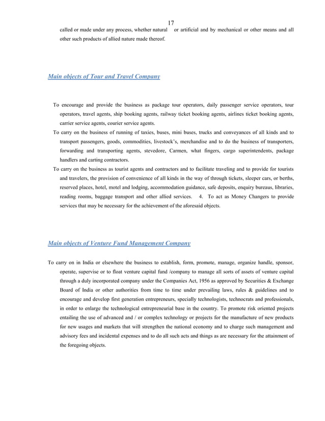 Format Of Main Object Clause of Various Types of Companies as Per