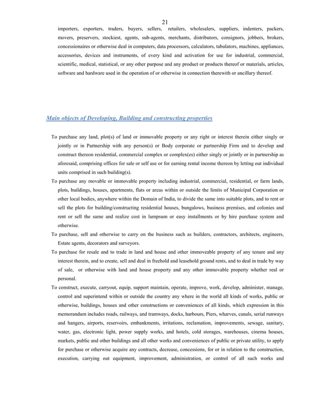 Format Of Main Object Clause of Various Types of Companies as Per