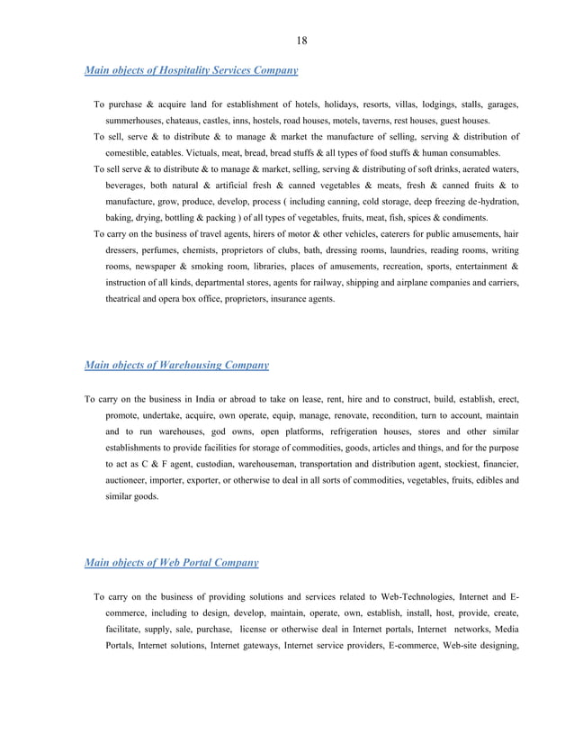 Format Of Main Object Clause of Various Types of Companies as Per
