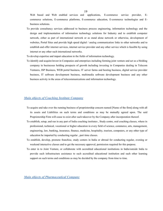 Format Of Main Object Clause of Various Types of Companies as Per