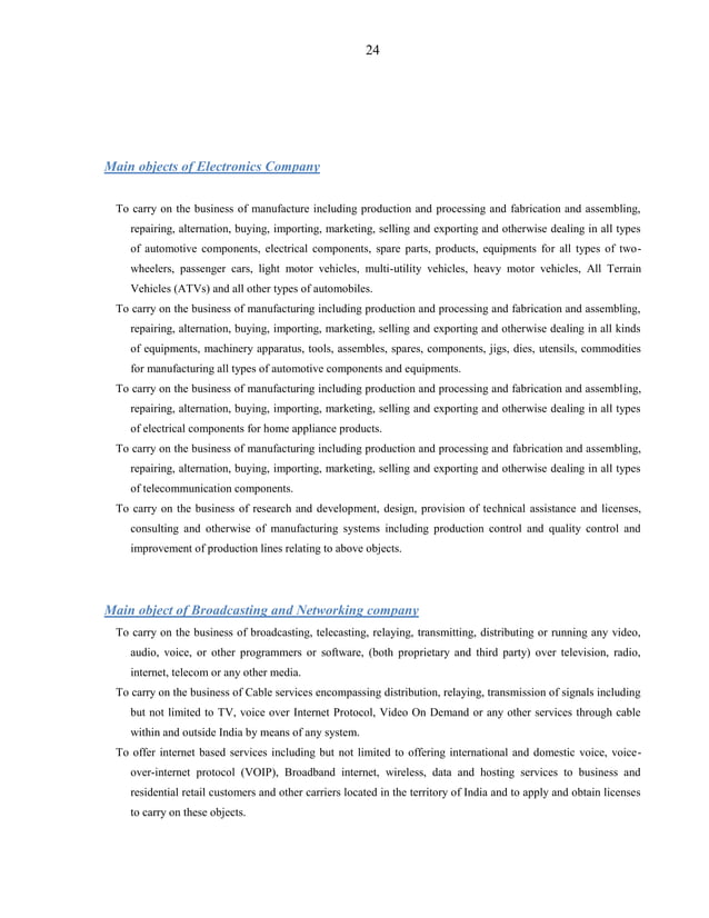 Format Of Main Object Clause of Various Types of Companies as Per