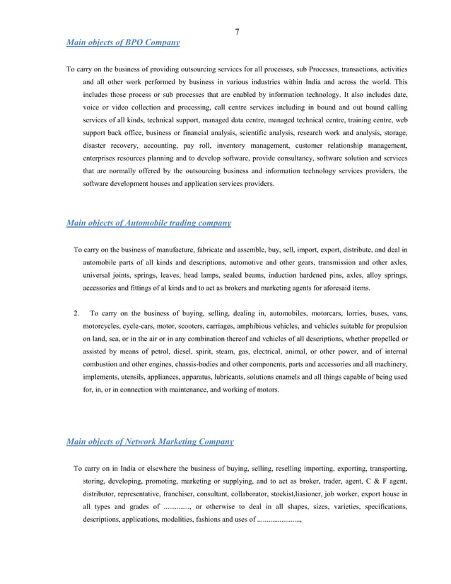 Format Of Main Object Clause of Various Types of Companies as Per