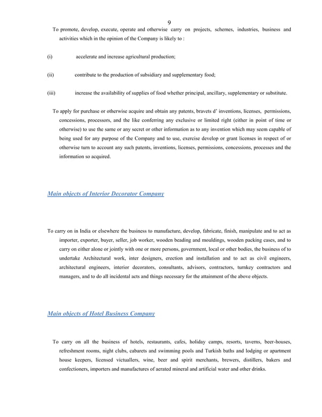 Format Of Main Object Clause of Various Types of Companies as Per