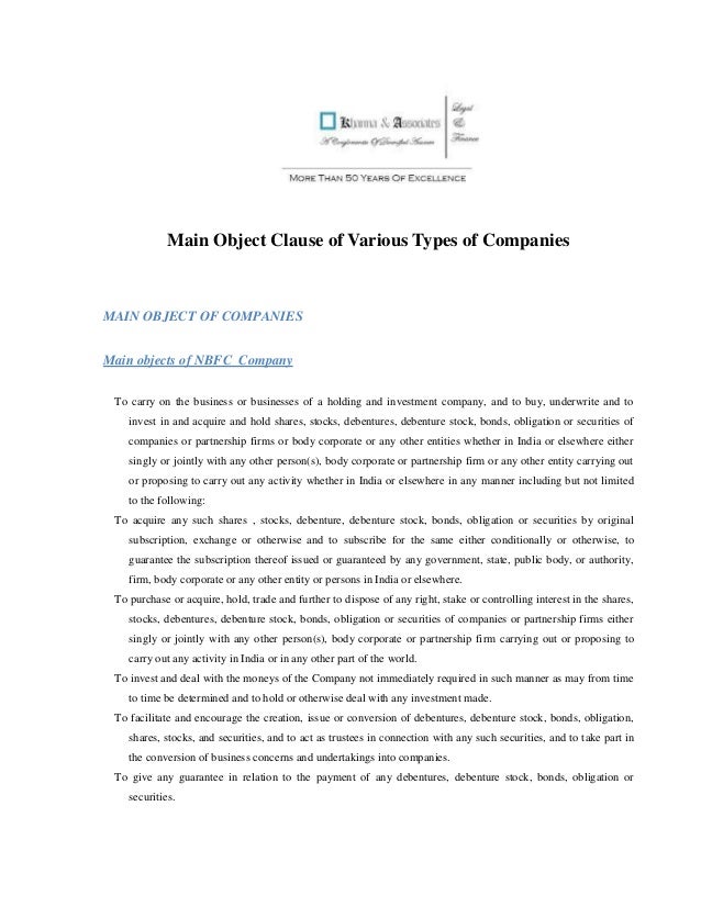 Format Of Main Object Clause of Various Types of Companies as Per Com…
