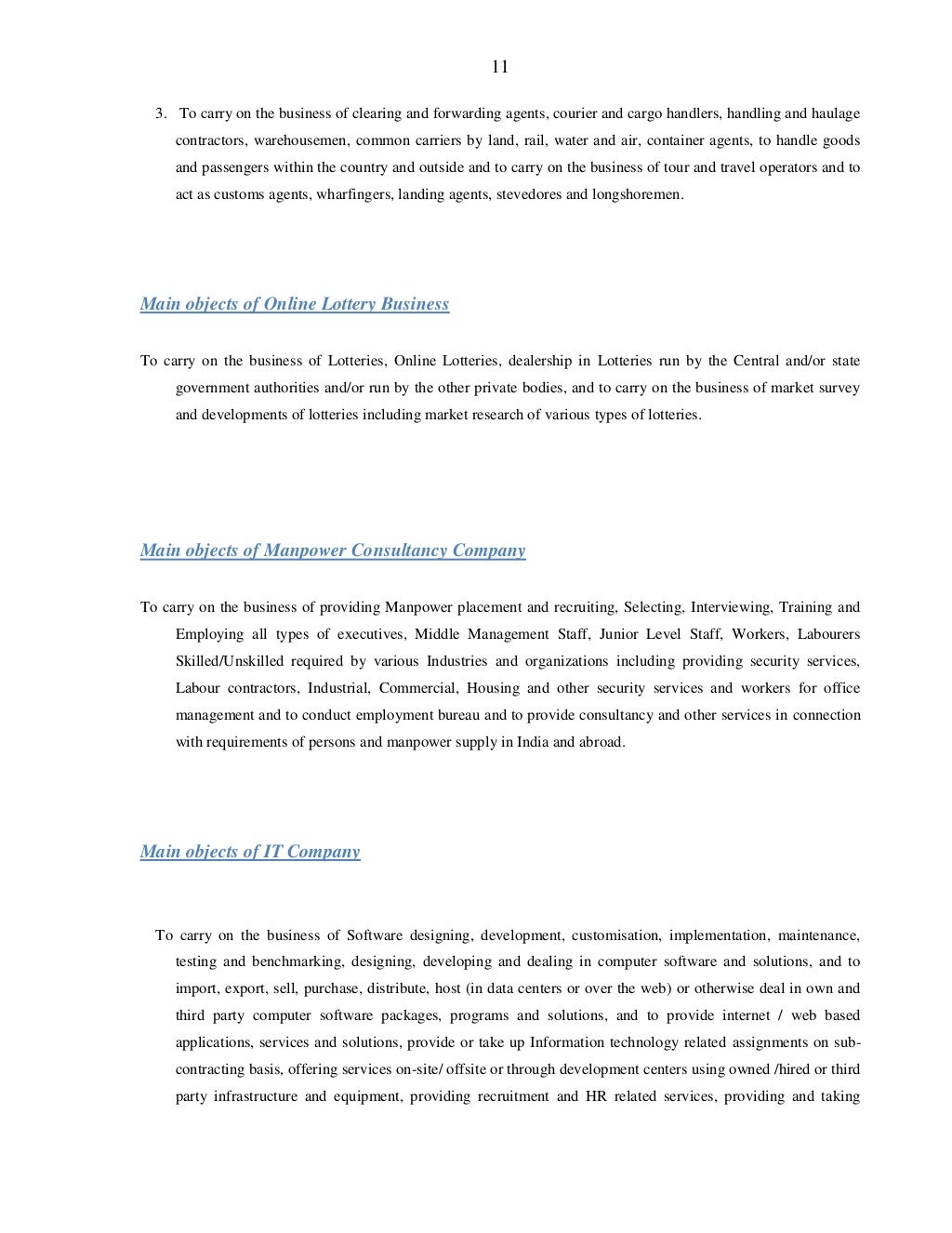 Format Of Main Object Clause of Various Types of Companies as Per Com…