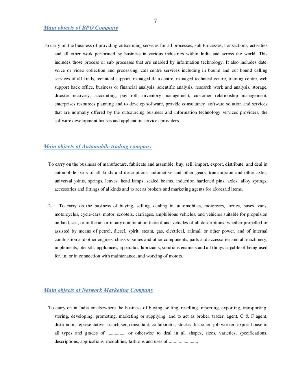 Format Of Main Object Clause of Various Types of Companies as Per Com…