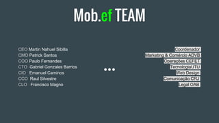 Mob.ef TEAM
CEO Martin Nahuel Sibilla Coordenador
CMO Patrick Santos Marketing & Comércio ADVB
COO Paulo Fernandes Operações CEFET
CTO Gabriel Gonzales Barrios TecnologiaUTU
CIO Emanuel Caminos Web Design
CCO Raul Silvestre Comunicação CRJ
CLO Francisco Magno Legal OAB
 