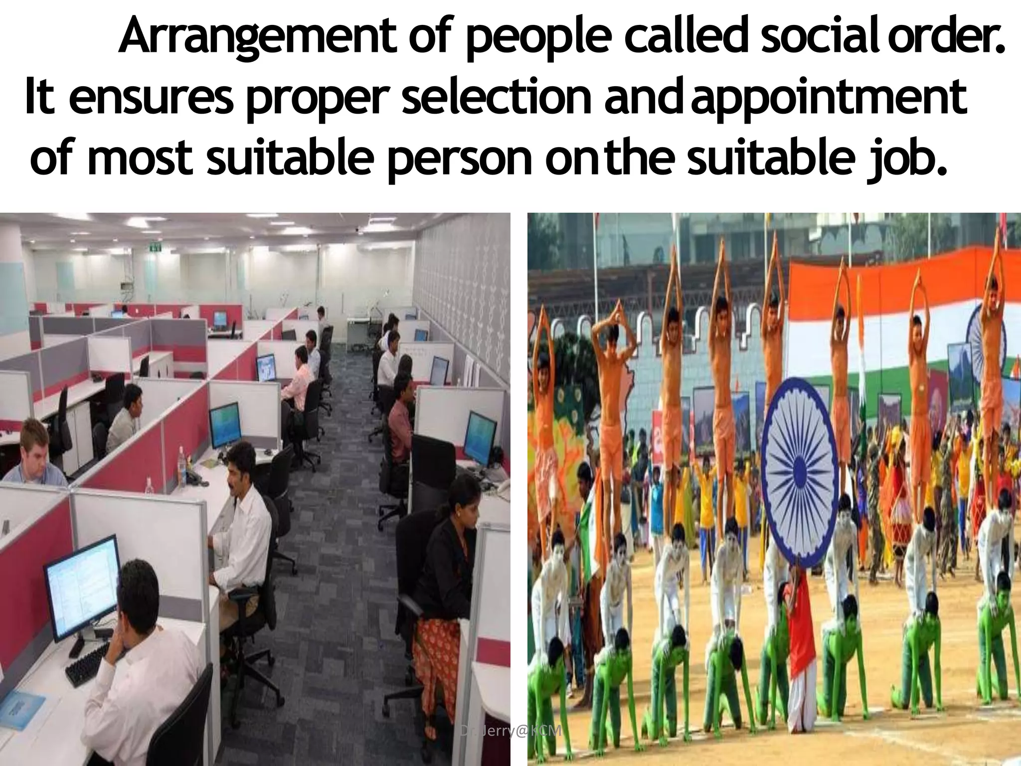 Arrangement of people called socialorder.
It ensures proper selection andappointment
of most suitable person onthe suitable job.
Dr. Jerry@KCM
 