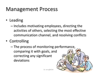 Management Process
• Leading
– Includes motivating employees, directing the
activities of others, selecting the most effective
communication channel, and resolving conflicts
• Controlling
– The process of monitoring performance,
comparing it with goals, and
correcting any significant
deviations
Dr. Jerry@KCM
 
