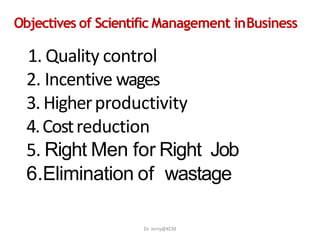 Objectives of Scientific Management inBusiness
1. Quality control
2. Incentive wages
3. Higherproductivity
4.Costreduction
5. Right Men for Right Job
6.Elimination of wastage
Dr. Jerry@KCM
 