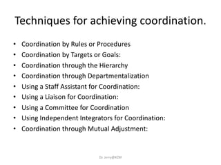 • Coordination by Rules or Procedures
• Coordination by Targets or Goals:
• Coordination through the Hierarchy
• Coordination through Departmentalization
• Using a Staff Assistant for Coordination:
• Using a Liaison for Coordination:
• Using a Committee for Coordination
• Using Independent Integrators for Coordination:
• Coordination through Mutual Adjustment:
Techniques for achieving coordination.
Dr. Jerry@KCM
 