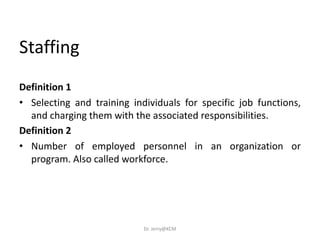 Definition 1
• Selecting and training individuals for specific job functions,
and charging them with the associated responsibilities.
Definition 2
• Number of employed personnel in an organization or
program. Also called workforce.
Staffing
Dr. Jerry@KCM
 