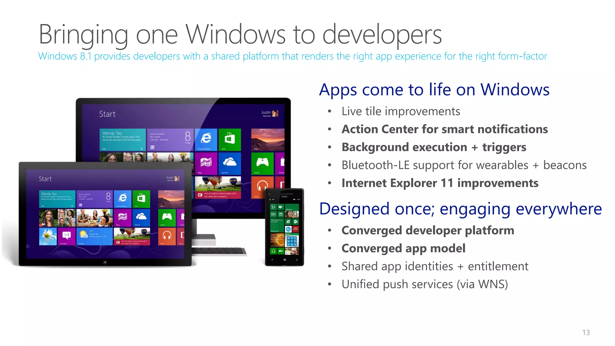 13
Windows 8.1 provides developers with a shared platform that renders the right app experience for the right form-factor
Apps come to life on Windows
• Live tile improvements
• Action Center for smart notifications
• Background execution + triggers
• Bluetooth-LE support for wearables + beacons
• Internet Explorer 11 improvements
Designed once; engaging everywhere
• Converged developer platform
• Converged app model
• Shared app identities + entitlement
• Unified push services (via WNS)
 