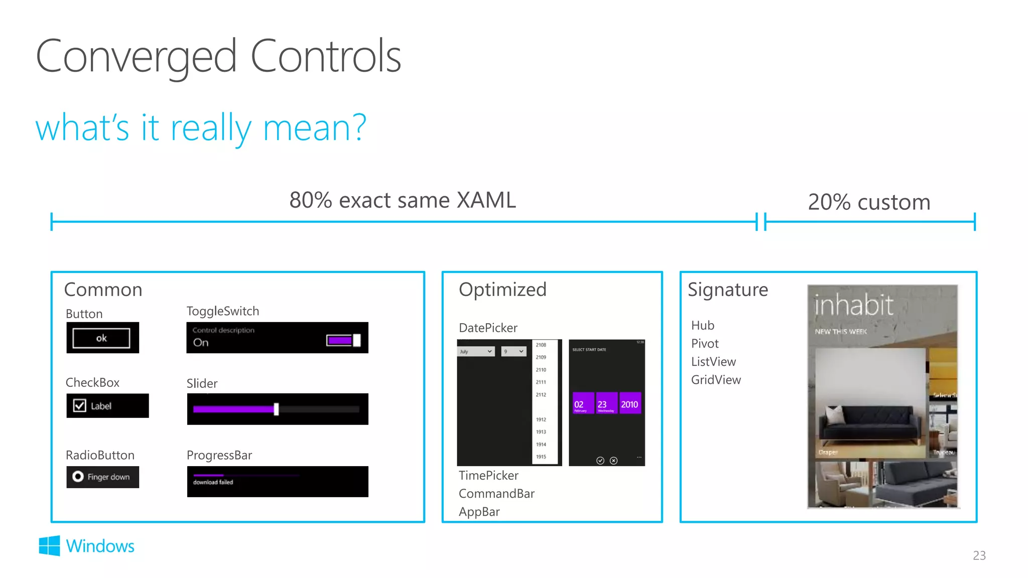 23
80% exact same XAML 20% custom
Common SignatureOptimized
DatePicker
TimePicker
CommandBar
AppBar
Button
CheckBox
RadioButton ProgressBar
Slider
ToggleSwitch
Hub
Pivot
ListView
GridView
 