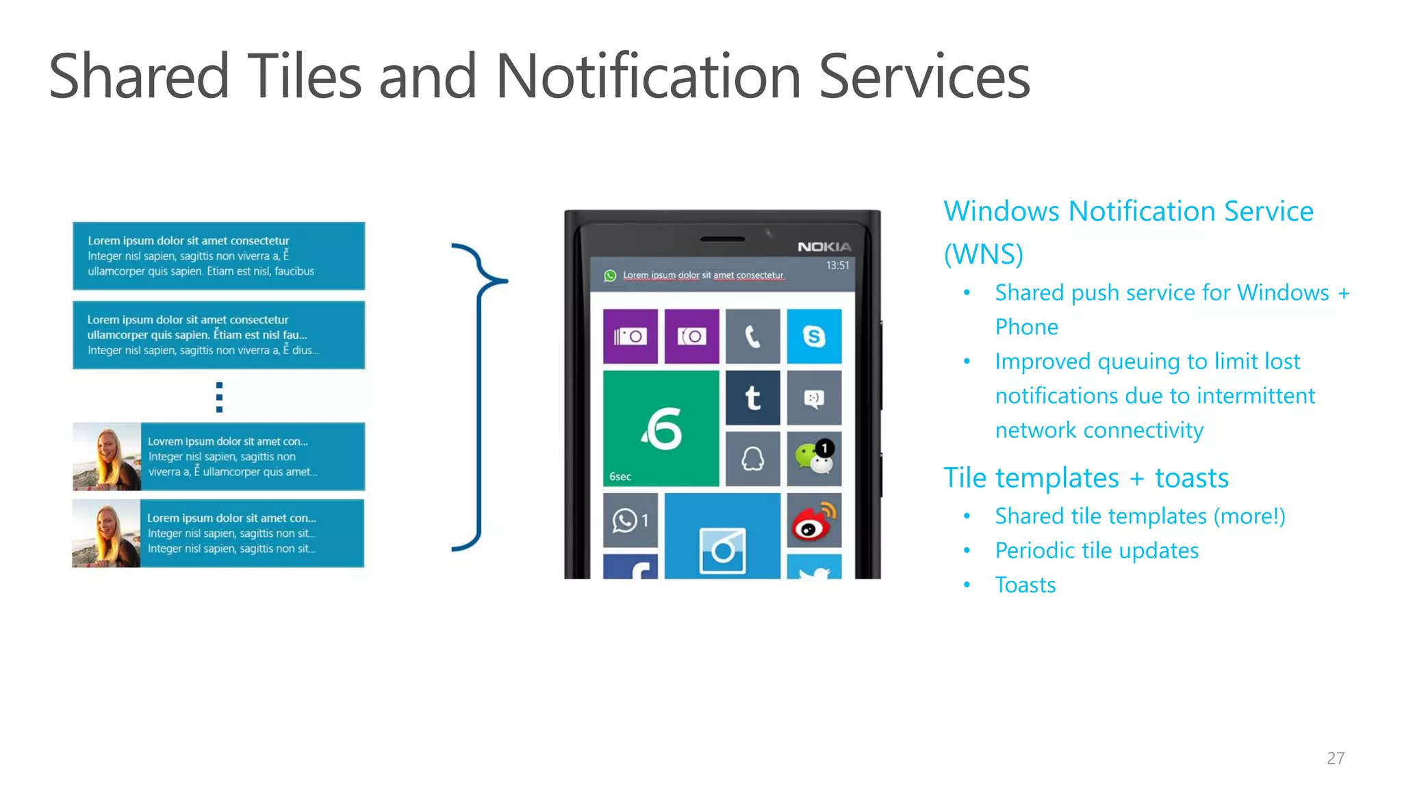 27
Windows Notification Service
(WNS)
• Shared push service for Windows +
Phone
• Improved queuing to limit lost
notifications due to intermittent
network connectivity
Tile templates + toasts
• Shared tile templates (more!)
• Periodic tile updates
• Toasts
 
