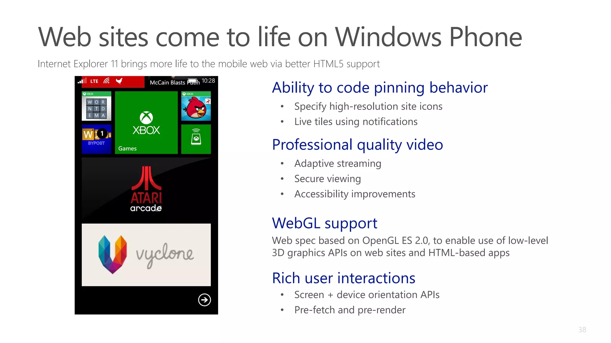 Internet Explorer 11 brings more life to the mobile web via better HTML5 support
38
Ability to code pinning behavior
• Specify high-resolution site icons
• Live tiles using notifications
Professional quality video
• Adaptive streaming
• Secure viewing
• Accessibility improvements
WebGL support
Web spec based on OpenGL ES 2.0, to enable use of low-level
3D graphics APIs on web sites and HTML-based apps
Rich user interactions
• Screen + device orientation APIs
• Pre-fetch and pre-render
 