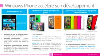 tech.days 2015#mstechdaysWindows Phone 8.1 pour l'Entreprise : Proposition de valeur et retours d'expériences
• Mise à jour de tous les Windows Phone 8
existants (été 2014 puis hiver 2014)
• Nouvelles fonctionnalités : Cortana,
personnalisation, centre de notification,
clavier Shape, assistants Wifi, Batterie et
Stockage…
• Applications universelles pour Windows
et Windows Phone : accélération de la
dynamique sur les applis, catalogue de plus
de 380 000 apps, focus sur les marques
fortes et la qualité
Windows Phone 8.1
Des Windows Phones pour tous les
goûts
• Les nouveautés:
Lumia 830 : un concentré de finesse, le flagship de
abordable, 4G, 5’’ HD, processeur quad-core,
chargement sans fil (prix TTC 349€)
Lumia 535 : la performance à petit prix sans
compromis ! Ecran de 5’’, APN et caméra frontale de
5 mégapixels, processeur quadcore (prix TTC 109€)
• La gamme va du Lumia 435 (à partir de 79€ TTC)
au Lumia 1520 (« phablette » à écran géant de 6’’)
De nouveaux constructeurs rejoignent
Windows Phone
• Nouvelle politique OEM : modification de specs
minimales pour les « chassis » Windows Phone,
travail avec Qualcomm (Qualcomm Reference Design)
et licence Windows gratuite sur les écrans de moins
de 9 pouces
• De nombreux nouveaux acteurs ont déjà annoncé
leurs Windows Phone : Archos, Yezz, Kazam, BLU,
Prestigio, Micromax, Hi-Sense…et bien d’autres à
venir.
Lumia 830
Lumia 535 BLU
Monaco 4.7 (Yezz)
 
