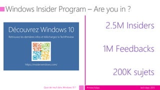 tech.days 2015#mstechdaysQuoi de neuf dans Windows 10 ?
2.5M Insiders
1M Feedbacks
200K sujets
 