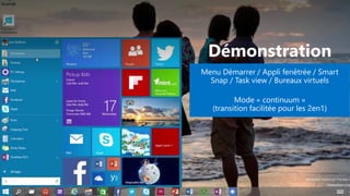 Démonstration
Menu Démarrer / Appli fenêtrée / Smart
Snap / Task view / Bureaux virtuels
Mode « continuum »
(transition facilitée pour les 2en1)
 