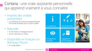 tech.days 2015#mstechdaysQuoi de neuf dans Windows 10 ?
• Inspirée des vrai(e)s
assistant(e)s
• Naturelle
• Disponible en Français sur
Windows Phone
 