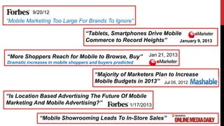 9/20/12
“Mobile Marketing Too Large For Brands To Ignore”

                                    “Tablets, Smartphones Drive Mobile
                                    Commerce to Record Heights”      January 9, 2013


“More Shoppers Reach for Mobile to Browse, Buy”              Jan 21, 2013
Dramatic increases in mobile shoppers and buyers predicted

                                        “Majority of Marketers Plan to Increase
                                        Mobile Budgets in 2013” Jul 05, 2012

“Is Location Based Advertising The Future Of Mobile
Marketing And Mobile Advertising?”           1/17/2013

              “Mobile Showrooming Leads To In-Store Sales”
 