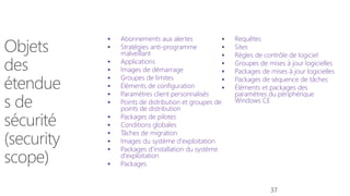  Abonnements aux alertes
 Stratégies anti-programme
malveillant
 Applications
 Images de démarrage
 Groupes de limites
 Éléments de configuration
 Paramètres client personnalisés
 Points de distribution et groupes de
points de distribution
 Packages de pilotes
 Conditions globales
 Tâches de migration
 Images du système d'exploitation
 Packages d'installation du système
d'exploitation
 Packages
 Requêtes
 Sites
 Règles de contrôle de logiciel
 Groupes de mises à jour logicielles
 Packages de mises à jour logicielles
 Packages de séquence de tâches
 Éléments et packages des
paramètres du périphérique
Windows CE
37
 
