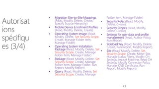  Migration Site-to-Site Mappings
(Read, Modify, Delete, Create,
Specify Source Hierarchy)
 Mobile Device Enrollment Profiles
(Read, Modify, Delete, Create)
 Operating System Image (Read,
Modify, Delete, Set Security Scope,
Create, Manage Folder Item,
Manage Folder)
 Operating System Installation
Package (Read, Modify, Delete, Set
Security Scope, Create, Manage
Folder Item, Manage Folder)
 Package (Read, Modify, Delete, Set
Security Scope, Create, Manage
Folder Item, Manage Folder, Run
Report, Modify Report)
 Query (Read, Modify, Delete, Set
Security Scope, Create, Manage
Folder Item, Manage Folder)
 Security Roles (Read, Modify,
Delete, Create)
 Security Scopes (Read, Modify,
Delete, Create)
 Settings for user data and profile
management (Read, Author Policy,
Run Report)
 Sideload Key (Read, Modify, Delete,
Create, Run Report, Modify Report)
 Site (Read, Modify, Delete, Set
Security Scope, Create, Meter Site,
Manage Status Filters, Modify CH
Settings, Import Machine, Read CH
Settings, Modify Connector Policy,
Manage OSD Certificate, Run
Report, Modify Report)
41
 