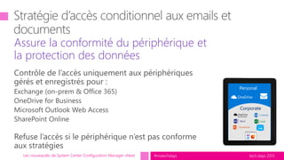 tech.days 2015#mstechdaysLes nouveautés de System Center Configuration Manager vNext
Assure la conformité du périphérique et
la protection des données
Personal
Corporate
 