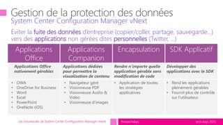 tech.days 2015#mstechdaysLes nouveautés de System Center Configuration Manager vNext
Eviter la fuite des données d’entreprise (copier/coller, partage, sauvegarde…)
vers des applications non gérées dites personnelles (Twitter, …)
System Center Configuration Manager vNext
Applications
Office
Applications
Companion
Encapsulation SDK Applicatif
Applications Office
nativement gérables
Applications dédiées
pour permettre la
visualisation de contenu
Rendre n’importe quelle
application gérable sans
modification de code
Développer des
applications avec le SDK
• OWA
• OneDrive for Business
• Word
• Excel
• PowerPoint
• OneNote (iOS)
• Navigateur géré
• Visionneuse PDF
• Visionneuse Audio &
Vidéo
• Visionneuse d’images
• Application de toutes
les stratégies
applicatives
• Rend les applications
pleinement gérables
• Fournit plus de contrôle
sur l’utilisateur.
 