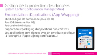 tech.days 2015#mstechdaysLes nouveautés de System Center Configuration Manager vNext
Encapsulation d’applications (App Wrapping)
System Center Configuration Manager vNext
Personal
Corporate
 