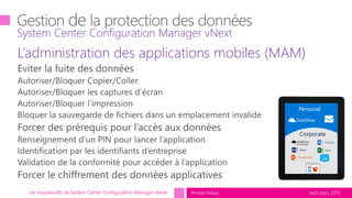 tech.days 2015#mstechdaysLes nouveautés de System Center Configuration Manager vNext
L’administration des applications mobiles (MAM)
System Center Configuration Manager vNext
Personal
Corporate
 