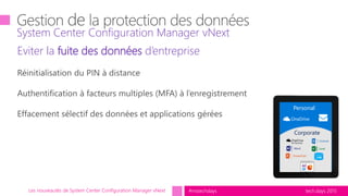 tech.days 2015#mstechdaysLes nouveautés de System Center Configuration Manager vNext
Eviter la fuite des données d’entreprise
Personal
System Center Configuration Manager vNext
Personal
Corporate
 