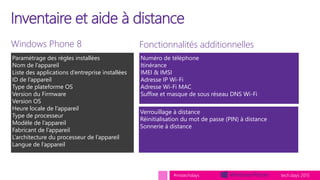 tech.days 2015#mstechdays
Windows Phone 8
Inventaire et aide à distance
Paramétrage des règles installées
Nom de l’apparei...