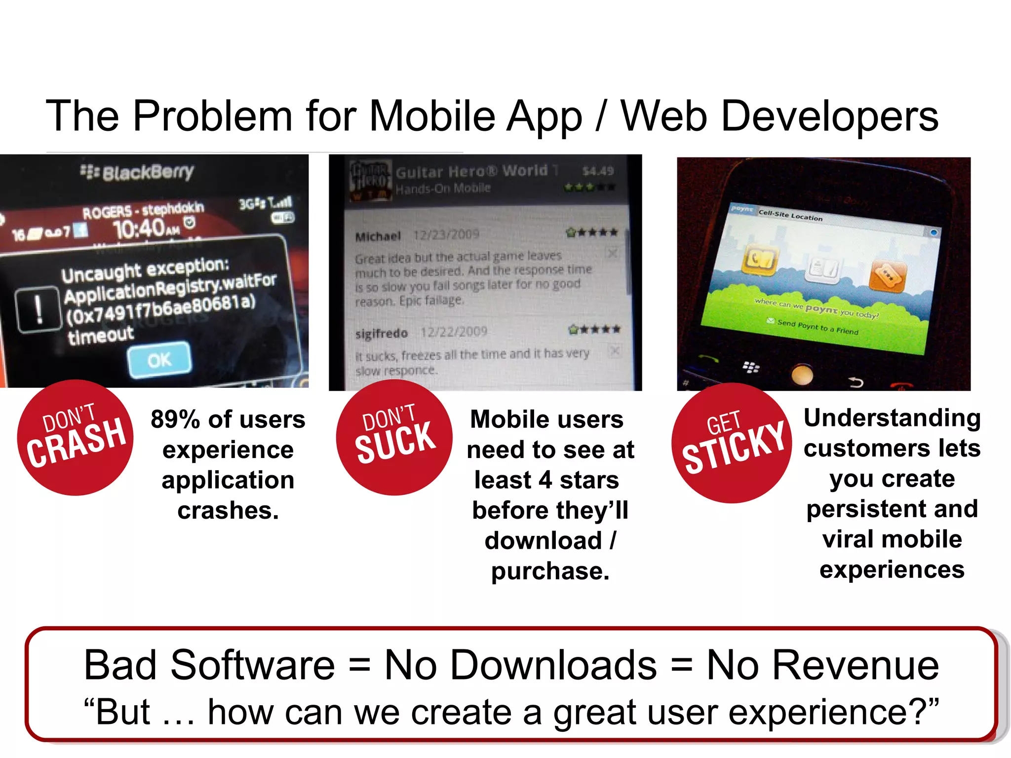 The Problem for Mobile App / Web Developers 89% of users experience application crashes. Bad Software = No Downloads = No Revenue “But … how can we create a great user experience?” Mobile users  need to see at least 4 stars  before they’ll download / purchase. Understanding customers lets you create persistent and viral mobile experiences 