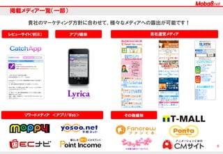 Moba8にとって、通販サイトのプロモーションは得意分野の一つ
です。
広告主様の希望をヒアリングした上で、広告主様の商材とマッチ
ングするアフィリエイター様のサイトに成果報酬型でご掲載を促
します。

Actual Example

# About EC

SEOサイト、ブログサイト、ポイントサイト、SNS、スマートフォンア
プリメディア等、様々なアフィリエイター様のメディアで広告主様
のサイトへの集客を実施します。

M8でECサイトの集客を実施した、A社の実績

20,000,000
18,000,000
16,000,000
14,000,000
12,000,000
10,000,000
8,000,000
6,000,000
4,000,000
2,000,000
0

800
700
600
500
400
300
200
100
0

活動アフィリエイター数（サイト）
M8経由売上金額（円）

2
0
1
2
年

2
0
1
2
年

2
0
1
2
年

2
0
1
2
年

2
0
1
2
年

2
0
1
2
年

2
0
1
2
年

4
月

5

2
0
1
2
年
5
月

6
月

7
月

8
月

9
月

1
0
月

1
1
月

 
