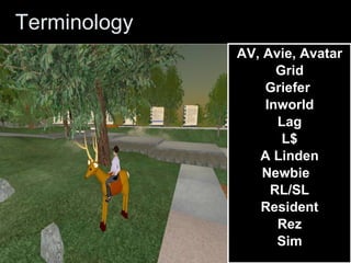 Terminology AV, Avie, Avatar Grid Griefer   Inworld Lag L$ A Linden Newbie  RL/SL Resident Rez Sim 