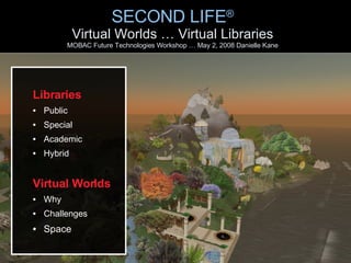 SECOND LIFE ® Virtual Worlds … Virtual Libraries MOBAC Future Technologies Workshop … May 2, 2008 Danielle Kane ,[object Object],[object Object],[object Object],[object Object],[object Object],[object Object],[object Object],[object Object],[object Object]