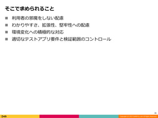 Copyright (C) 2017 DeNA Co.,Ltd. All Rights Reserved.
そこで求められること
 利用者の邪魔をしない配慮
 わかりやすさ、拡張性、堅牢性への配慮
 環境変化への積極的な対応
 適切なテストアプリ要件と検証範囲のコントロール
11
 