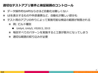 Copyright (C) 2017 DeNA Co.,Ltd. All Rights Reserved.
適切なテストアプリ要件と検証範囲のコントロール
 データ操作的なAPIならさほど自動化は難しくない
 UIを表示するものや外部連携など、自動化が難しい部分も
 テスト用のアプリの作りによって実施可能な検証の範囲が制限される
 例: ビルド種別
 Unity4, Unity5, VS2013, 2015
 毎回すべてのパターンを実施すると工数が膨大になってしまう
 適切な範囲の絞り込みが必要
17
 